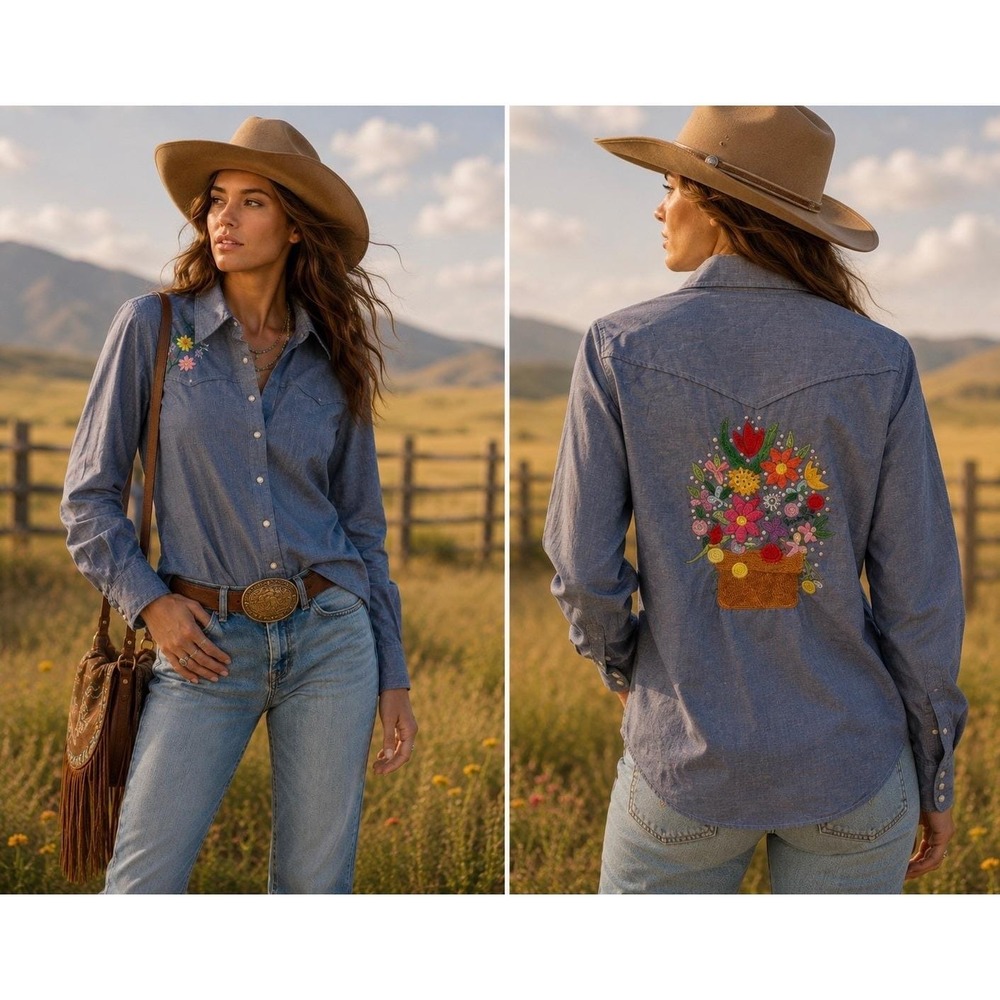 Vtg Lady Wrangler Chambray Shirt Blue‎ Hand Embroider Folk Art Western 70s USA